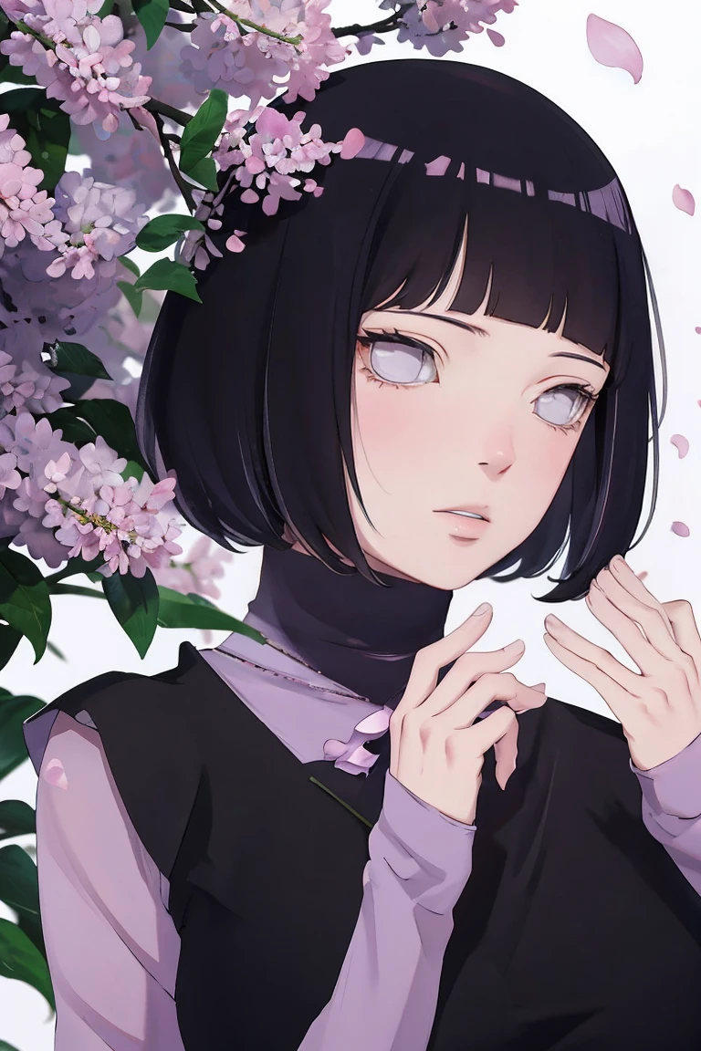 { - anatomy error} (Masterpiece - Ultra-detailed, very high resolution) (huge titusty, masterpiece, absurdres, hinata\(boruto\), 1girl, solo,mature female, lilac turtleneck blouse, black pant, looking at viewelling petals), perfect composition, detailed lips, big breast, beautiful face, body propotion, blush, (pink lips), short hair, (black hair), purple eyes, soft gaze, super realistic, detailed, photoshoot, realistic face and body, closed mouth , lilac eyes, upper body, hidden hands, perfect fingers, inocent face, portrait, , backwards, looking back, dynamic poses