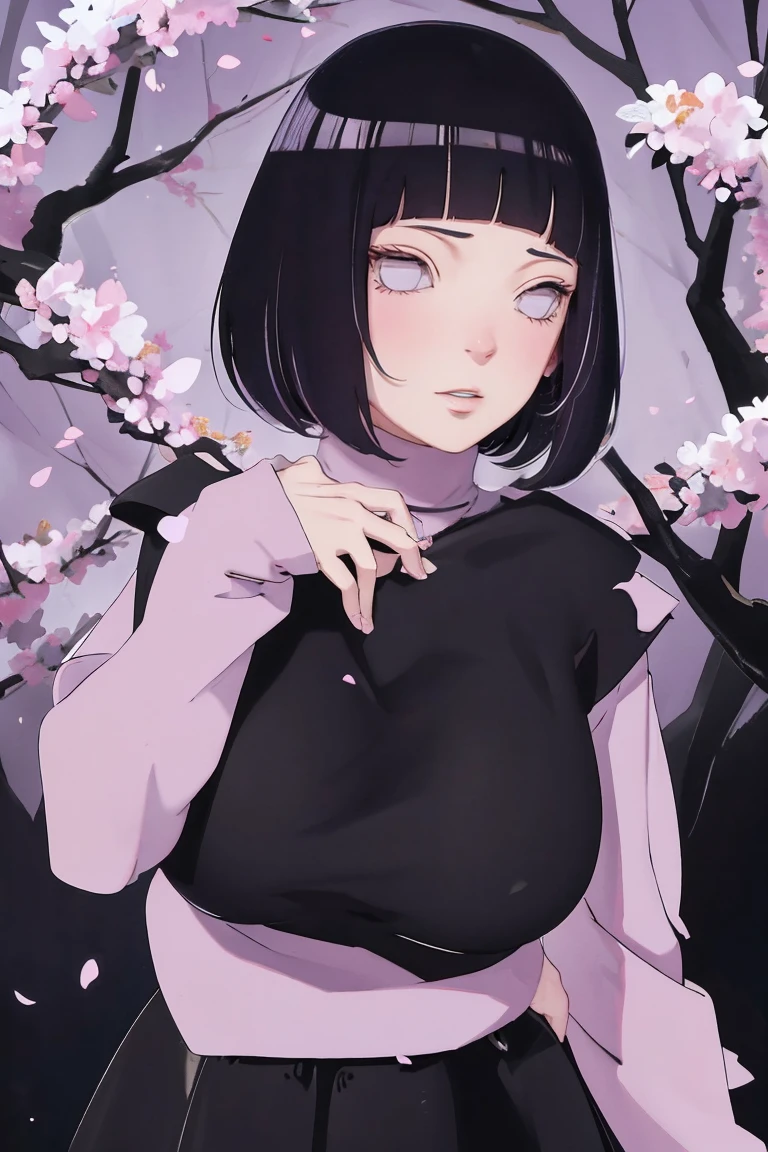 { - anatomy error} (Masterpiece - Ultra-detailed, very high resolution) (huge titusty, masterpiece, absurdres, hinata\(boruto\), 1girl, solo,mature female, lilac turtleneck blouse, black pant, looking at viewelling petals), perfect composition, detailed lips, big breast, beautiful face, body propotion, blush, (pink lips), short hair, (black hair), purple eyes, soft gaze, super realistic, detailed, photoshoot, realistic face and body, closed mouth , lilac eyes, upper body, hidden hands, perfect fingers, inocent face, portrait, , backwards, looking back, dynamic poses