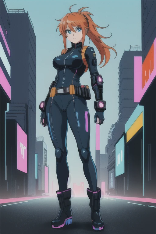 1girl  ((32 years old, dressed in a tight blue futuristic bodysuit, utility belt, boots, medium breasts, short orange hair, pony tail styled hair, light skin, natural makeup, athletic body:1.3, detailed blue eyes:1.5, looking fiercely at the viewer:1.3, holding two pistols with both hands:1.2)), attack action, action with impact, full body, perspective composition, exaggerated composition, perfect composition, perfect eyes, large perspective, dynamic composition, dreamy cyberpunk girl, anime cyberpunk art, digital cyberpunk - anime art, cyberpunk anime girl, digital cyberpunk anime art, cyberpunk, cyberpunk anime art, cyberpunk vibe, cyberpunk art style, background is city, neon, night
