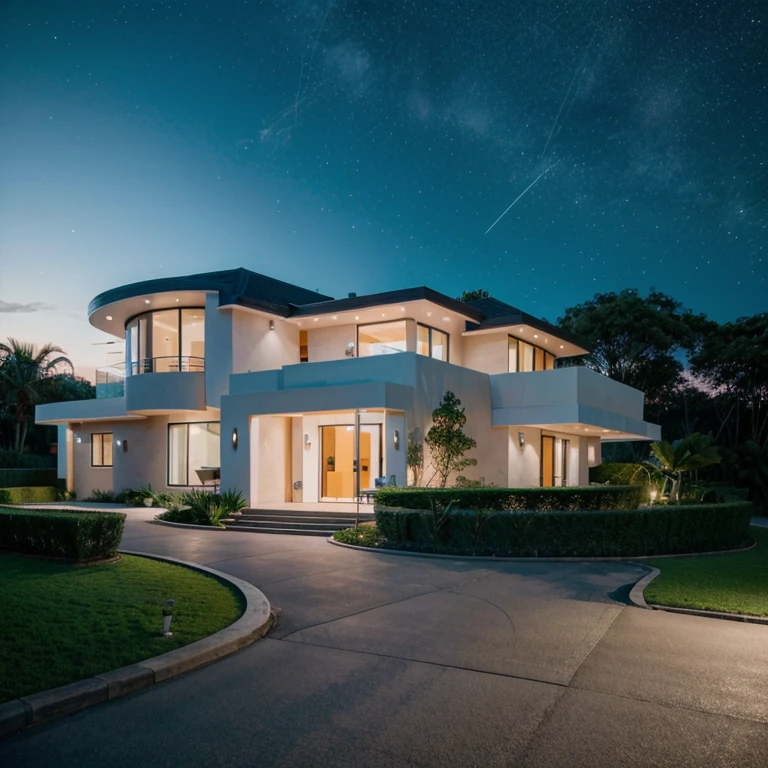 modern house with curvy shapes, vegetation, animais, pessoas, carros, starry sky and good coatings