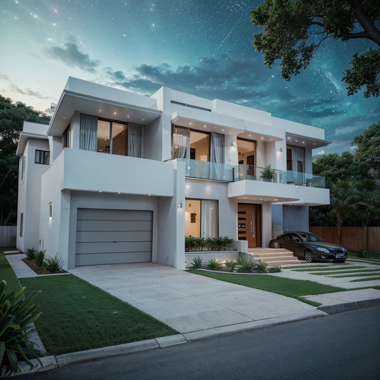 modern house with curvy shapes, vegetation, animais, pessoas, carros, starry sky and good coatings