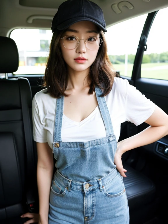((最high quality、8K、masterpiece、portrait:1.3)), lively, realistic, Super detailed, hair, high quality, 35 years oldのきれいな女日本人女性, 35 years old, Glasses, plump body, big breasts、cleavage、黒く長いhairをまとめている、A plain black newsboy cap、Wear a plain brown apron over a white golf shirt、skinny denim pants、White plain sneakers、standing in the kitchen car、office Street、best shot