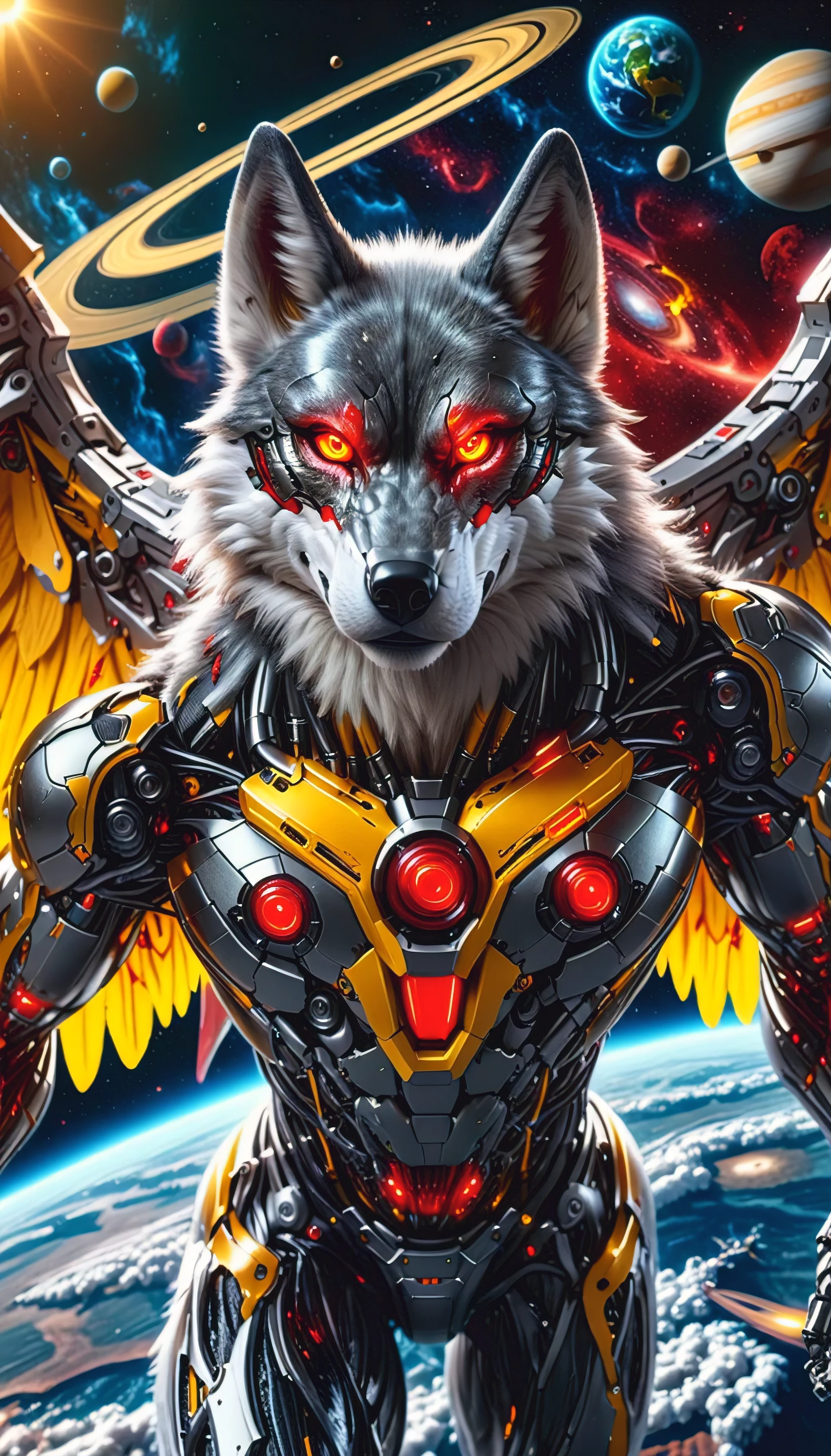 a cyborg wolf digital muscular flying over outer space red eyes the planet earth there in the background and the planet Saturn too. yellow cyborg wings serious expression HDR 8K 