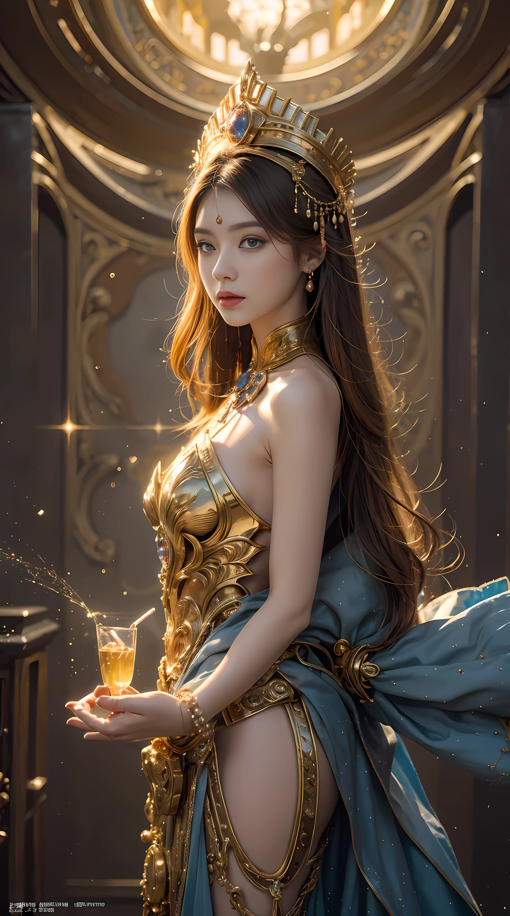 A girl wears a delicate metal headdress，It is decorated with precious stones，Dress with golden floral decoration，colored hair，Exquisite facial features，cosmic eye，unique（best quality，Super detailed and best illustration、best shade、masterpiece、high resolution、professional artwork、famous artwork：1.2）Surrealism、Light of Magic and Technology、flowing sparkling liquid、fast moving beam、Time-stretched particle behavior、fantasy background、technical background、fantasy、celestial body、concept art、radiation、Caustics、diffraction、epic composition image、Particle flight following scene lines，Best color quality，high resolutionmasterpiece，best quality，Extreme details，illustration，ultra high definition，Ultra-detailed，Super detailed，8k