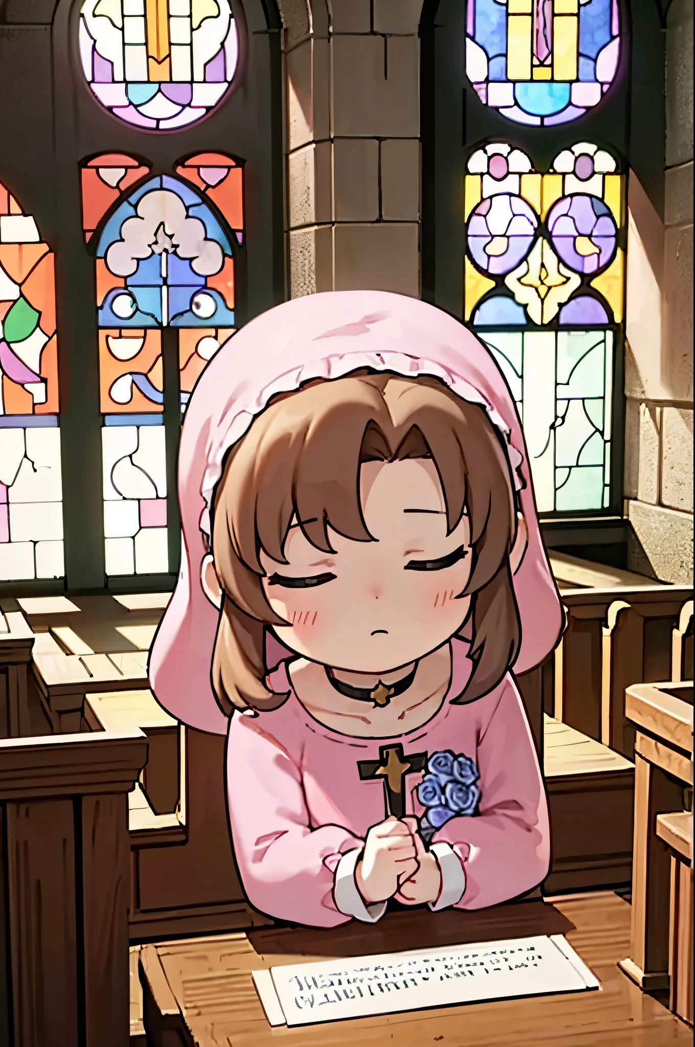 (highest quality,4k,8K,High resolution,masterpiece:1.2),Super detailed,(realistic,photorealistic,photo-realistic:1.37),, ((Little Aerith Gainsbourg)), choker, cropped jacket, hair ribbon, bracelet, pink dress, ((inside the church, A woman lies peacefully sleeping on the altar of the chapel.)), Decorate your body with many beautiful flowers on the altar, Funeral scene for the deceased Aerith.、inside the church, Inside the chapel, stained glass window, Composition with light pouring down from the ceiling., A view of her from above