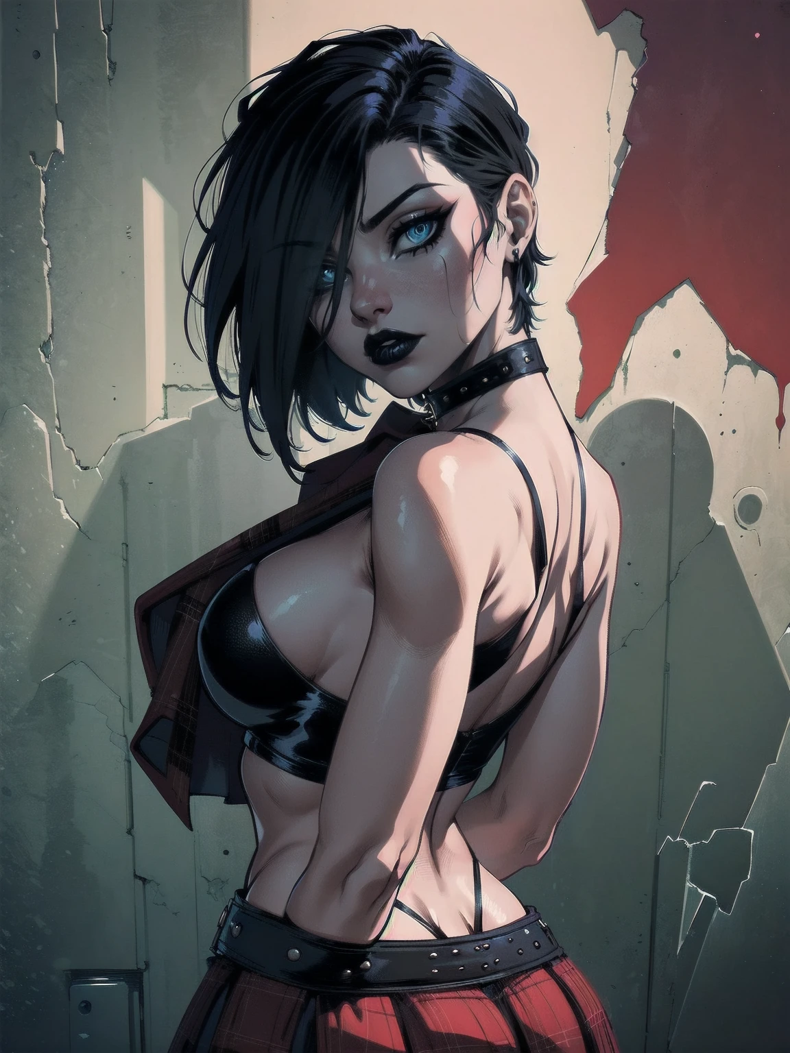 a woman with short black hair, hair on shoulders, wearing a black cropped and plaid skirt, blue eyes, zombie art, gothic art, cute aesthetic with vibe, toon aesthetic, wearing red costume, wearing gothic accessories, look like Cassie Hack, upper body, portrait, with your best friend Vlad, dark background, backwards, looking back