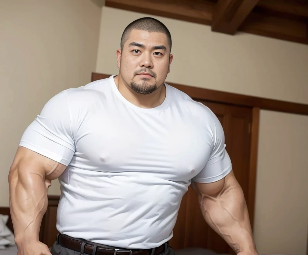 (wearing white shirt:1.4), fat face, (inside bedroom:1.2), Japanese man, Chinese man, Korean man, Taiwanese man, manly face, (round face:1.4), (monolid eyes:1.2), (buzz cut:1.4), very large and strong body, bulging muscles, very large pectoral muscles, muscular arms, muscular abs, muscular legs, muscular back, brightens oily skin, master piece, realistic, panorama, distant view