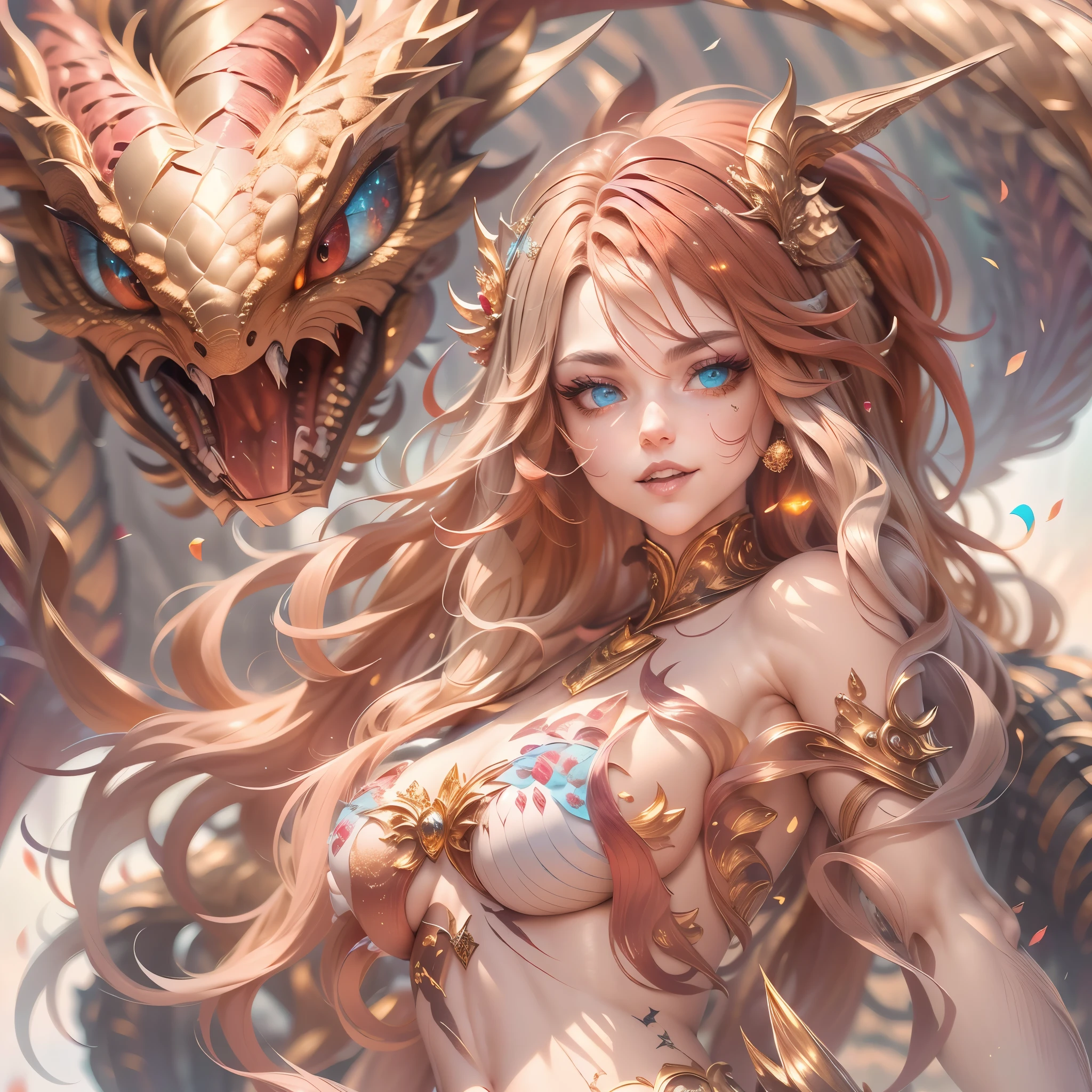 (best quality,4k,8k,highres,masterpiece:1.2, portrait), ultra-detailed, realistic, naked sexy dragon woman with red and gold glittering scales, skin is glittering ruby and golden scales, long wavy blonde hair with red highlights, very playful but mischievous smile, huge tits, gigantic breasts, naked, nude, detailed crotch, detailed vulva, sexy pose, playful, bi-coloured eyes, heterochromia, lustful