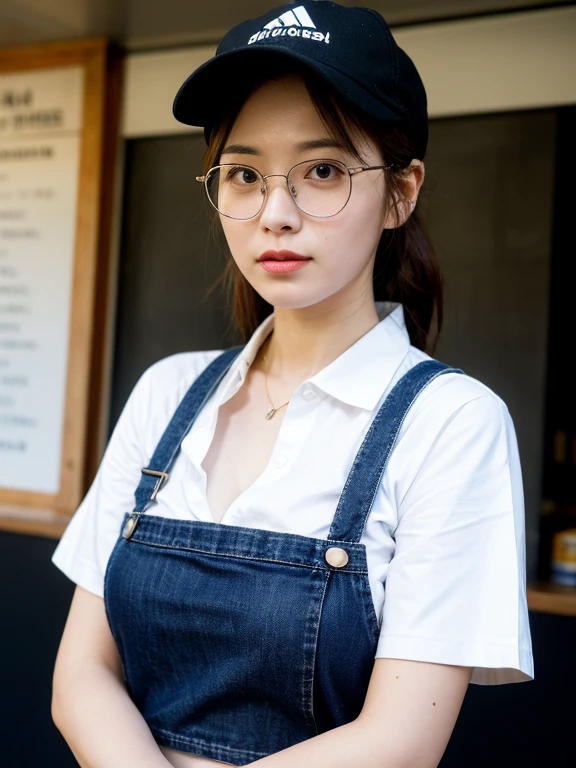 ((最high quality、8K、masterpiece、portrait:1.3)), lively, realistic, Super detailed, hair, high quality, 35 years oldのきれいな女日本人女性, 35 years old, Glasses, plump body, big breasts、cleavage、黒く長いhairをまとめている、A plain black newsboy cap、Wear a plain brown apron over a white golf shirt、wear skinny denim pants、White plain sneakers、standing inside a food truck、office Street、best shot