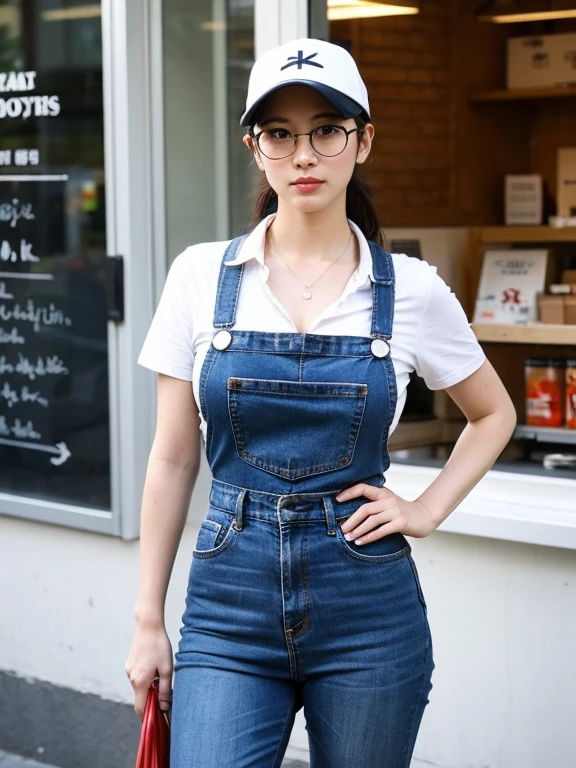 ((最high quality、8K、masterpiece、portrait:1.3)), lively, realistic, Super detailed, hair, high quality, 35 years oldのきれいな女日本人女性, 35 years old, Glasses, plump body, big breasts、cleavage、黒く長いhairをまとめている、A plain black newsboy cap、Wear a plain brown apron over a white golf shirt、wear skinny denim pants、White plain sneakers、standing inside a food truck、office Street、best shot