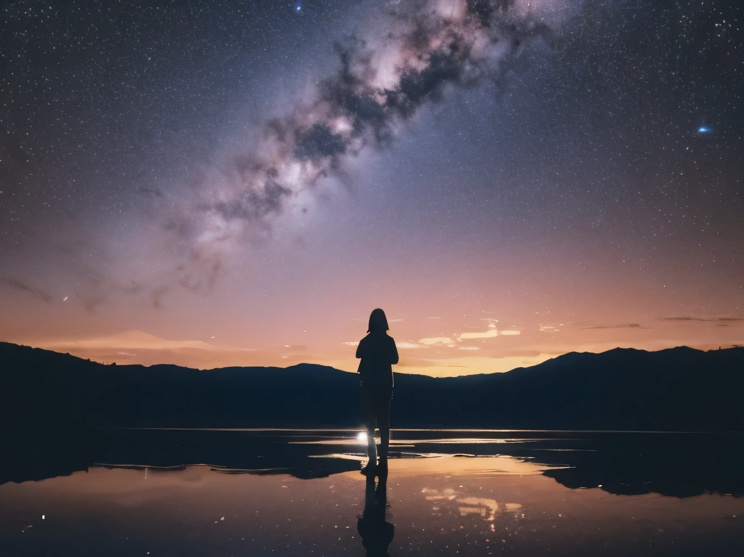 Linoleum cut of a teenager standing on reflective water under a star platform,Full of energy,rich and colorful,texture,pattern