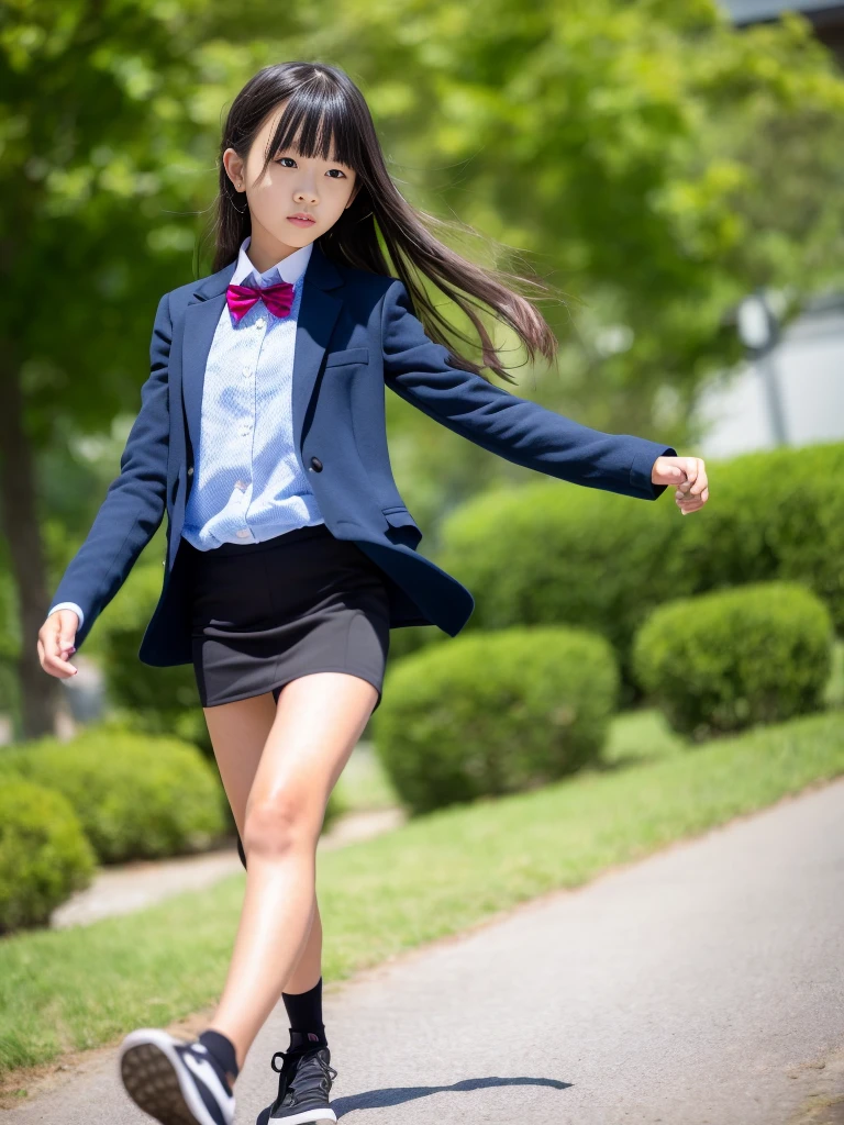 
(masterpiece, highest quality:1.4), award-winning portraits, 8K, 85mm, alone, beautiful face, delicate girl, , (dark navy blazer jacket), dark navy skirt, long sleeve, violaces, gardenia, grace, Sophisticated, cute, teen, looking at the viewer, 15 years old, Raw photo, disorganized, HDR, sharp focus, A bow tie, background bokeh、(((flat 、thin and delicate body、A childish atmosphere)))、Her shiny semi-long hair is tied up、hair swaying in the wind、Mole on the left cheek、large, round, dark blue eyes、full body、random pose、Run、sprinting、Skirt fluttering in the wind、Junior idol、Nogizaka Idol、widening skirt、jump、mole under eye、sexy