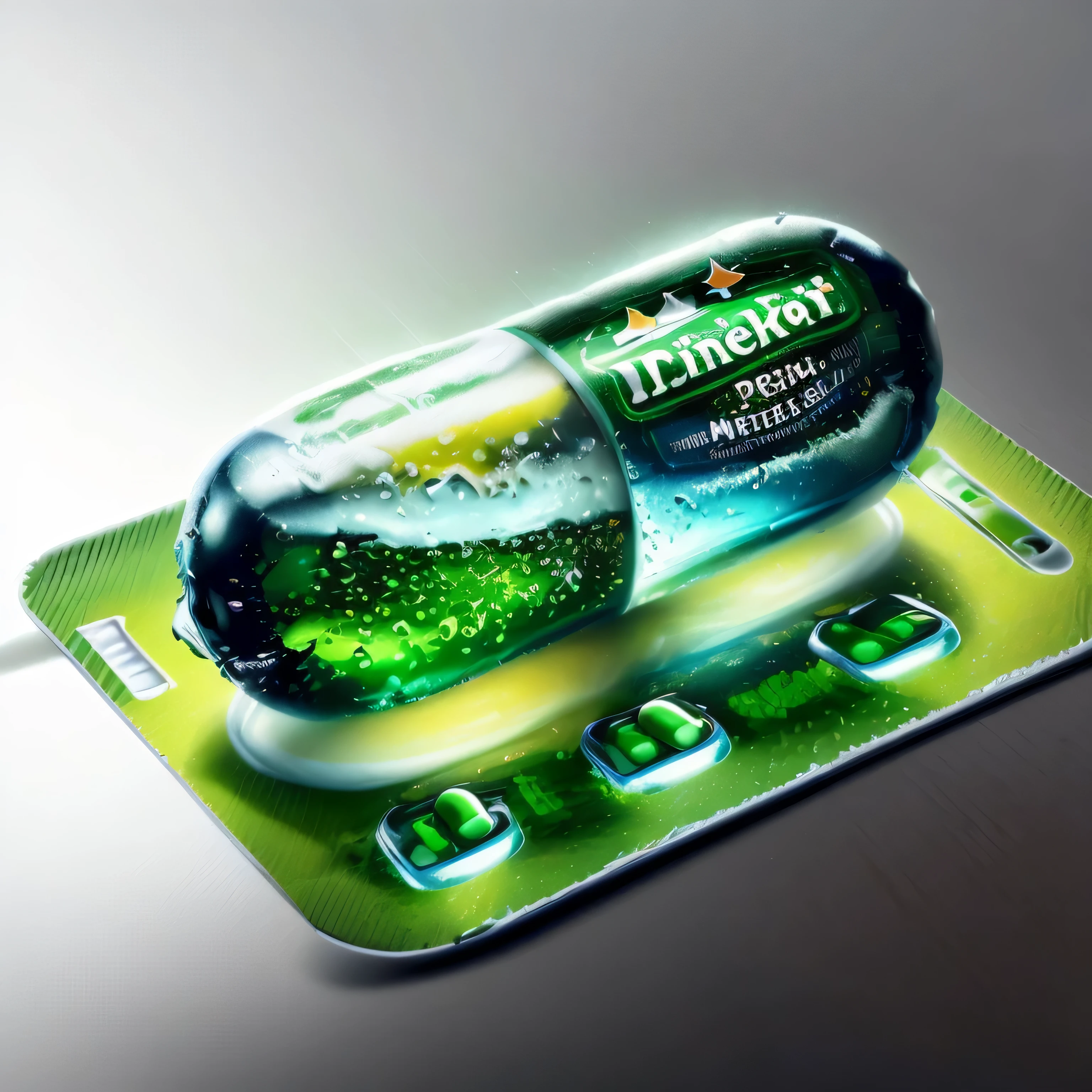 a close up of a pill on a pill pack with a green bottle, hyperrealistic picture, hyper realistic 3d, very hyper realistic, hyperrealistic 3d digital art, hyperrealistic digital art, hyperrealistic 3 d digital art, hyperrealistic mixed media, photo hyper realistic, hyper realistic photography, hyperrealistic art, a hyperrealistic painting, hyper realistic photo, change label heineken to tiger