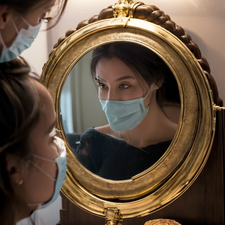 A close-up of a person's hands holding a face mask, while looking at their reflection in the mirror. The person's facial expression reveals internal conflict, representing the idea of ​​distancing themselves from the world and leaving behind the "facades" that hide the true essence