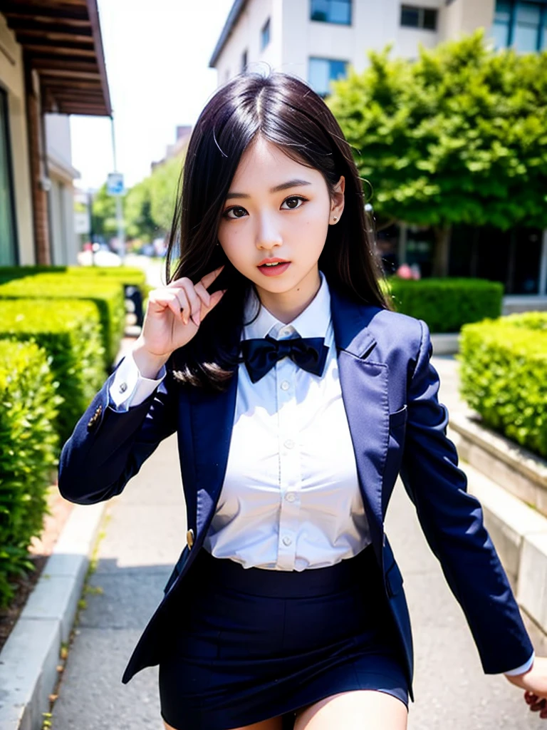 
(masterpiece, highest quality:1.4), award-winning portraits, 8K, 85mm, alone, beautiful face, delicate girl, , (dark navy blazer jacket), dark navy skirt, long sleeve, violaces, gardenia, grace, Sophisticated, cute, teen, looking at the viewer, 15 years old, Raw photo, disorganized, HDR, sharp focus, A bow tie, background bokeh、(((flat 、thin and delicate body、A childish atmosphere)))、Her shiny semi-long hair is tied up、hair swaying in the wind、Mole on the left cheek、large, round, dark blue eyes、full body、random pose、Run、sprinting、Skirt fluttering in the wind、Junior idol、Nogizaka Idol、widening skirt、jump、mole under eye、sexy