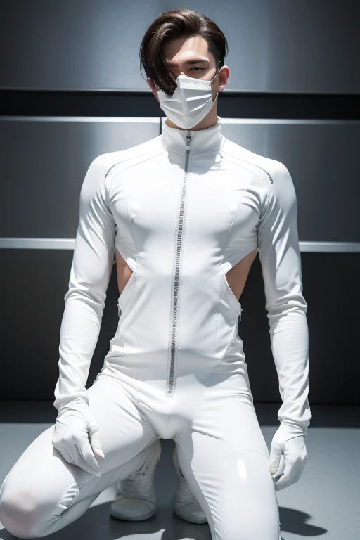 Futuristic rubber all white body suit, skin tight, hair visible, hands visible, gloves, boots, toned male, young man, shiny suit, hands covered, futuristic mouth mask