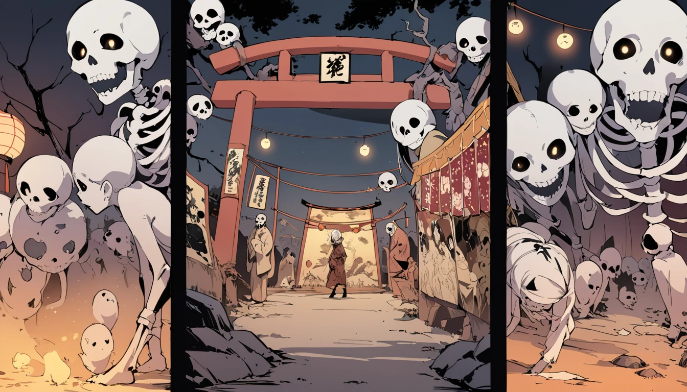 ((festival)), Hundreds of Ghosts at Night, rough sketch, (masterpiece), (High resolution), (super delicate), (clear), Comic book style illustrations, (drawing style), warm color, (Horror elements), Japanese painting, full body,(snap shot), (Spooky), Japanese carving, Characteristic hairstyle, Unique atmosphere,skeleton、skull