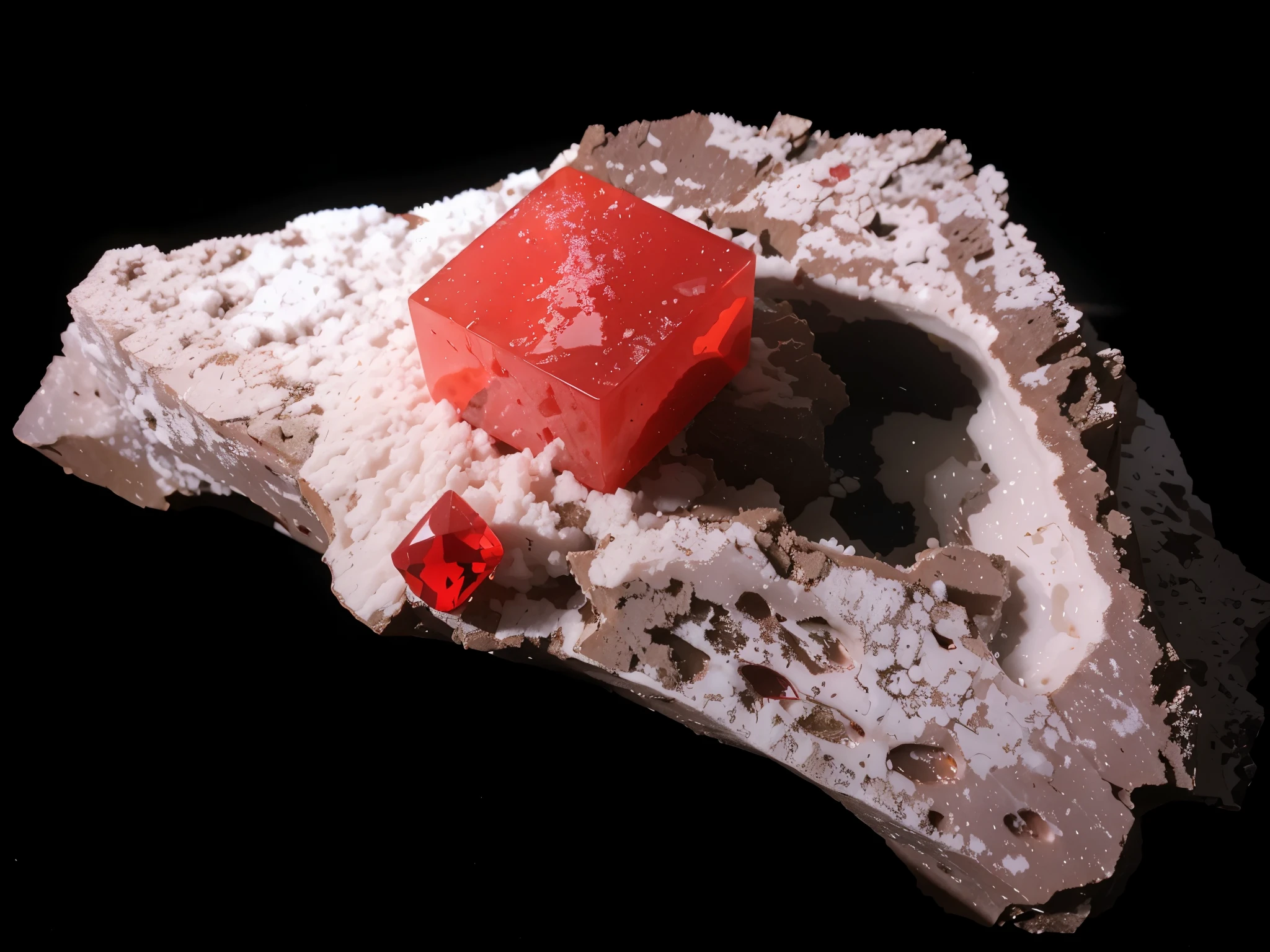 Juicy gummy red ruby, white snowy rock ground floor, cartoon, logo