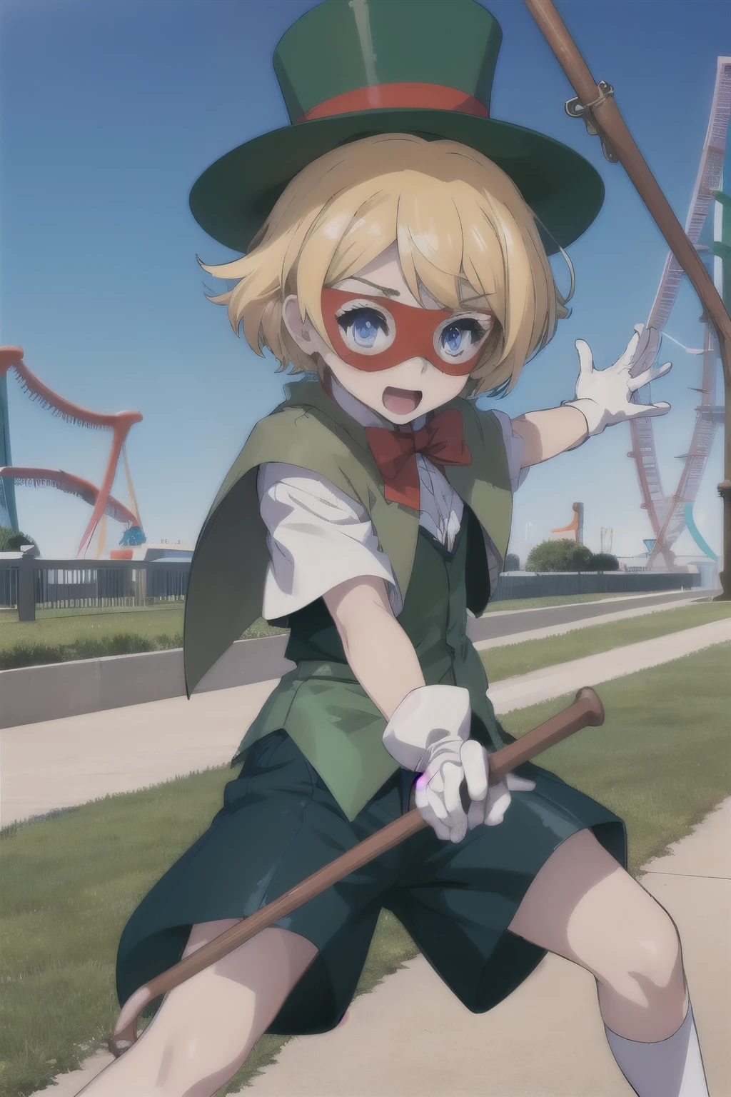 ah3dolocy,1girl,solo,,gloves,bow,shorts,vest,capelet,holding cane,playing_card,mask,mini_top_hat,fighting_stance,:d,amusement_park,looking_at_viewer,flying,