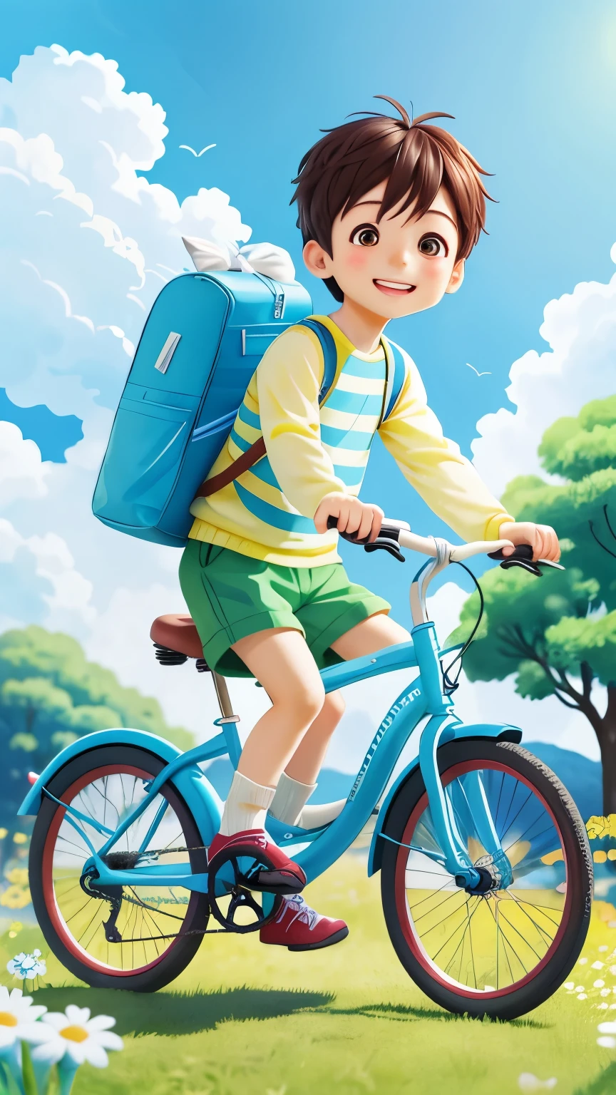 一名5岁男孩Riding a bicycle往前冲，Riding a bicycle，Blue sky and white clouds background，green grass， Cute cat carrying a book bag，Wearing green striped long sleeves，green shorts ，Green Gaobang Socks，green high top shoes，full body pictures, A cute smile on his face，Handsome short hair，Background blue sky and white clouds，happy, happy, Perfect quality, Clear focus (clutter - home: 0.8), (masterpiece: 1.2) (actual: 1.2) (Bokeh) (best quality) (Delicate skin: 1.3) (intricate details) (8K) (Detailed eyes) (sharp focus), (happy)
