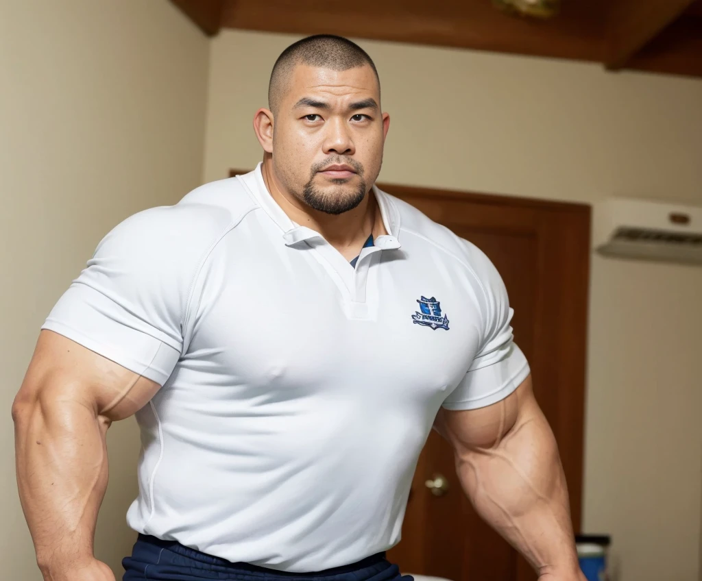 (wearing rugby uniform:1.4), fat face, (inside bedroom:1.2), Japanese man, Chinese man, Korean man, Taiwanese man, manly face, (round face:1.4), (monolid eyes:1.2), (buzz cut:1.4), very large and strong body, bulging muscles, very large pectoral muscles, muscular arms, muscular abs, muscular legs, muscular back, brightens oily skin, master piece, realistic, panorama, distant view