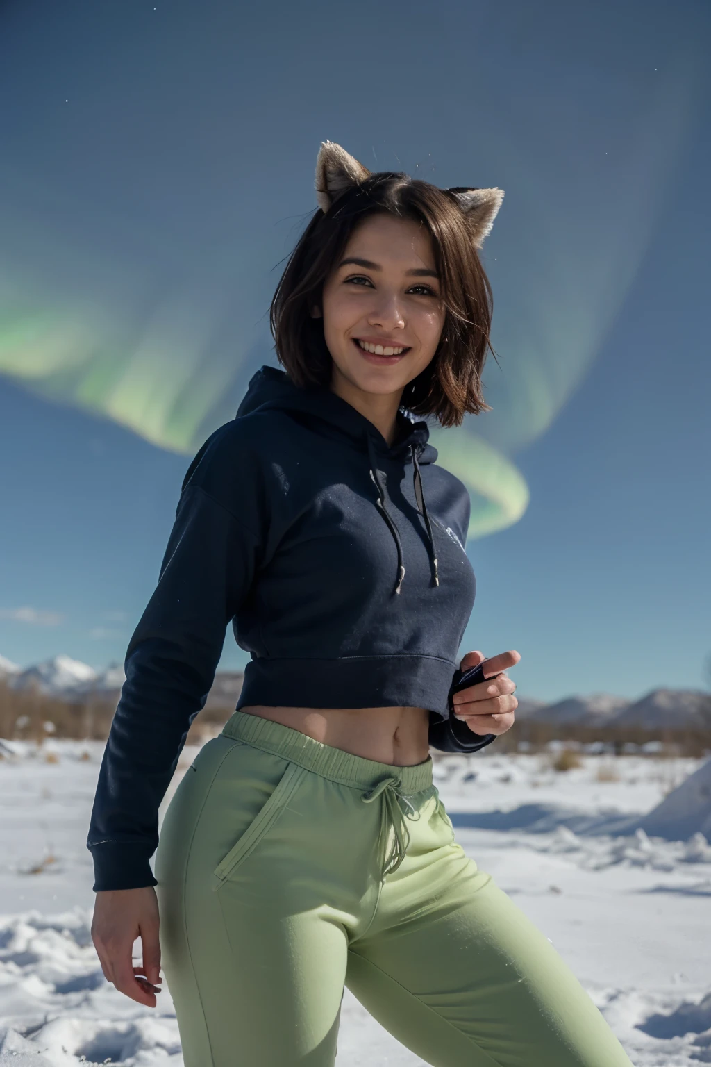 quiero un personaje antropomorfico, cruza de lobo artico y alcon, con facciones principalmente de lobo, solo las alas de alcon, de color blanco, con ojos de diferente color, el derecho verde y el izquierdo azul, vistiendo un hoodie morado y pantalones azules, mirando al frente con una sonrisa, mientras de fondo hay una aurora boreal junto a un clima nevado, en un estilo similar a un artista furry llamado nayardash