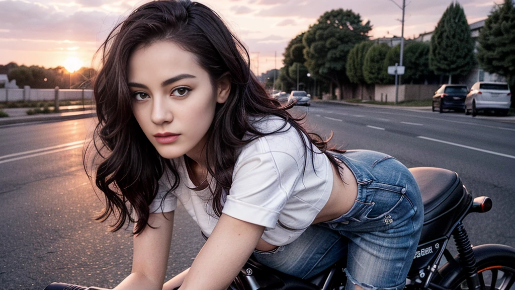 a gorgeous 20 years old woman, black wavy hair,  standing on the road, motorbike in the background, sexy pose, white cotton crop top, super short denim shorts, leather jacket, Looking at the camera, full body pics (in the sunset light:1.2),
perfect eyes, perfect hands, perfect body, perfect hair, perfect breast, hair behind ear, blurry foreground, UHD, retina, masterpiece, accurate, anatomically correct, textured skin, super detail, high details, high quality, award winning, best quality, highres, 16k, 8k