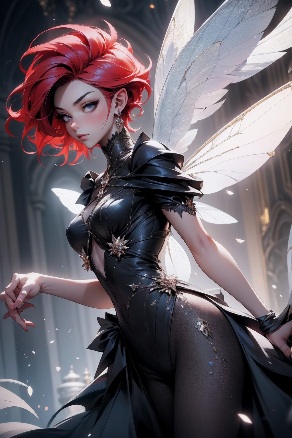 (Absurd, high quality, ultra -compared, careful with the hand) fairy, fairy wings, dreamer body, vivid, romantic and all. Optimistic face, just lies, without entry and intellectual. Reckless style, cold heart, impatient and too confident. Gray eyes, ripe and dark (eyes of the eyes), enchanted fairy (pixie) . Short hair, red hair. In the carnival row illustration, flying. Whole body
