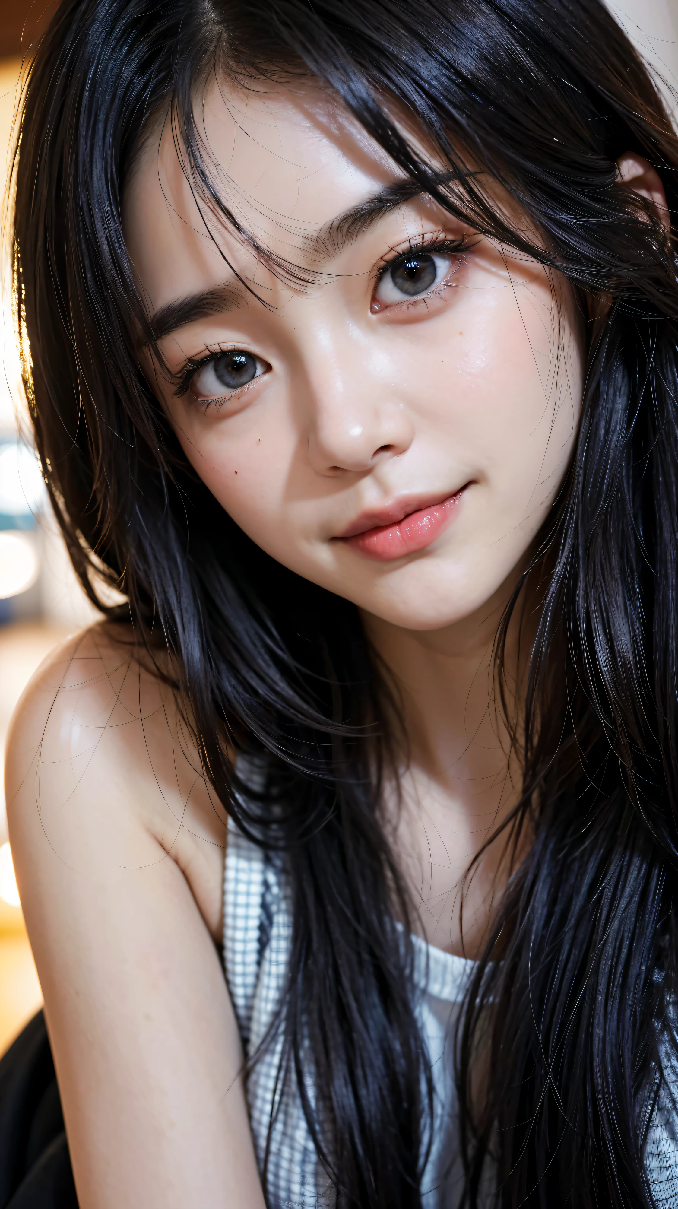 masterpiece, 1 beautiful girl, become familiar with, eye swelling, highest quality, 超High resolution, (reality: 1.4), original photo, 1 girl, cinematic lighting, smile, Japanese, asian beauty, Korean, clean, super beautiful, small young face, beautiful skin, thin, cyberpunk background, (Super realistic), (High resolution), (8K), (become very familiar with), (best illustrations), (detailed and beautiful eyes), (超become familiar with), (wallpaper), (detailed face), Beholder, small details, detailed face, Pure erotic face ace_V1, smile, 46 point diagonal bangs, look straight ahead, neat clothes, black eyes, clothes sleeveless, body turns forward, cute 18 year old,1 girl, tokyo street,night, cityscape,city lights, ((face close up:1.5)),((A smile showing white teeth)),((jet black long curly hair))close, 8K, Raw photo, highest quality, masterpiece,realistic, photo-realistic,