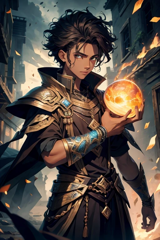 Miguel, the young and gifted Afro-Latino sorcerer, stared fiercely at the impending enemy, his dark, curly hair cascading down his shoulders. At , he possesses an enchanting aura, highlighted by his heterochronia – a rare trait where his eyes, one brown and the other a radiant amber, don't align in age.
As he braced himself for battle, his intricately detailed cobalt armor glinted under the moonlight. An exquisite masterpiece, the armor was meticulously crafted with high-quality 8k CG materials, showcasing the textures of the metal in