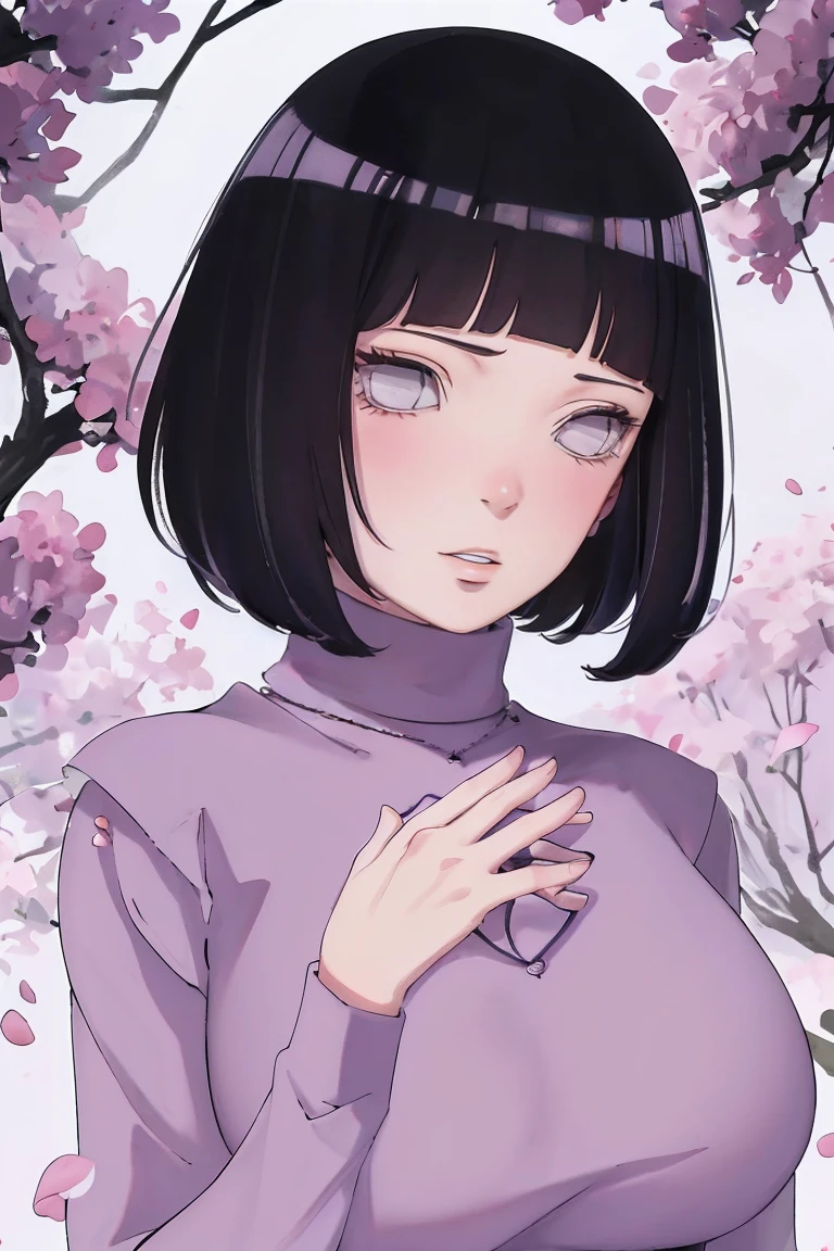 { - ??????? error} (Masterpiece - Ultra-detailed, very high resolution) (huge titusty, masterpiece, absurdres, hinata\(boruto\), 1girl, solo,mature female, lilac turtleneck blouse, black pant, looking at viewelling petals), perfect composition, detailed lips, big breast, beautiful face, body propotion, blush, (pink lips), short hair, (black hair), purple eyes, soft gaze, super realistic, detailed, photoshoot, realistic face and body, closed mouth , lilac eyes, upper body, hidden hands, perfect fingers, inocent face, portrait, , backwards, looking back, dynamic poses