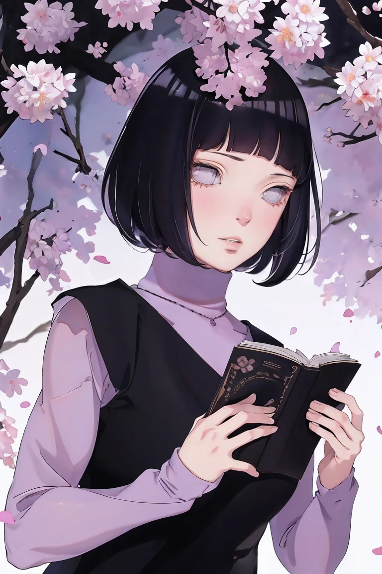 { - anatomy error} (Masterpiece - Ultra-detailed, very high resolution) (huge titusty, masterpiece, absurdres, hinata\(boruto\), 1girl, solo,mature female, lilac turtleneck blouse, black pant, looking at viewelling petals), perfect composition, detailed lips, big breast, beautiful face, body propotion, blush, (pink lips), short hair, (black hair), purple eyes, soft gaze, super realistic, detailed, photoshoot, realistic face and body, closed mouth , lilac eyes, upper body, hidden hands, perfect fingers, inocent face, portrait, , writing, reading, dynamic poses