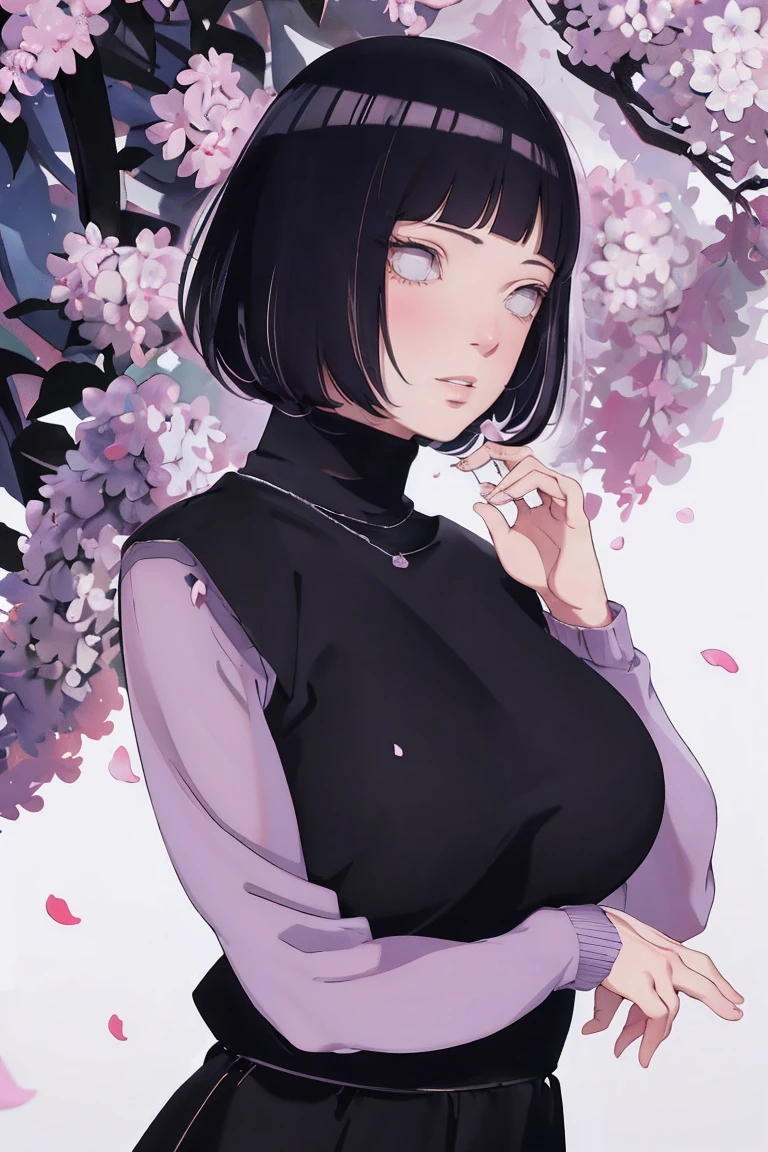 { - anatomy error} (Masterpiece - Ultra-detailed, very high resolution) (huge titusty, masterpiece, absurdres, hinata\(boruto\), 1girl, solo,mature female, lilac turtleneck blouse, black pant, looking at viewelling petals), perfect composition, detailed lips, big breast, beautiful face, body propotion, blush, (pink lips), short hair, (black hair), purple eyes, soft gaze, super realistic, detailed, photoshoot, realistic face and body, closed mouth , lilac eyes, upper body, hidden hands, perfect fingers, inocent face, portrait, , writing, reading, dynamic poses