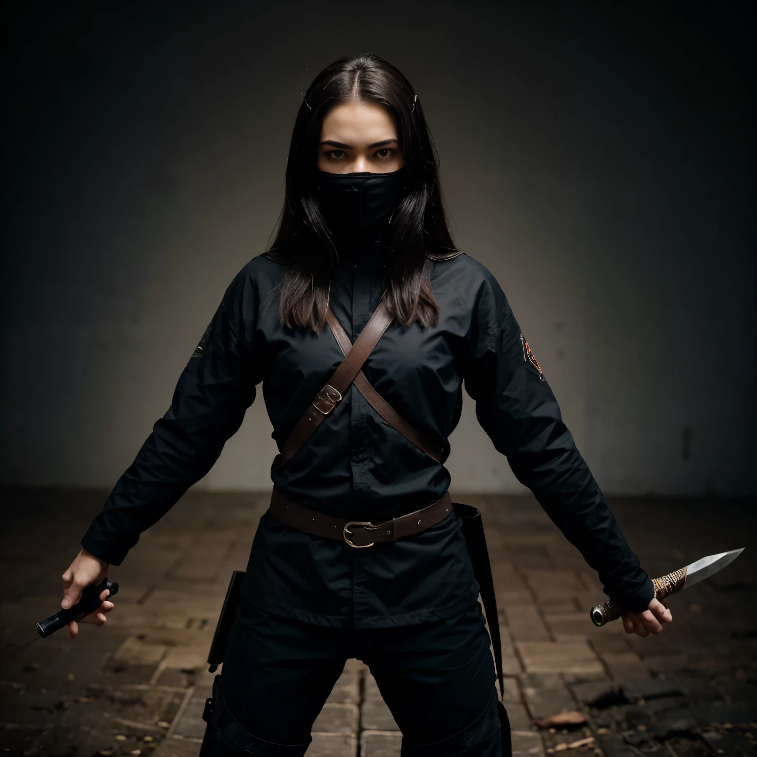 The logo could feature a stylized ninja in a hunting stance, con una mirada decidida y un gesto determinado. La palabra "hunter" could be elegantly integrated into the design, perhaps as a curved line through the ninja figure or as part of the background. The ninja could be armed with traditional weapons such as a katana or shurikens, adding a touch of authenticity to the design. The color of the logo could be dark tones such as black, gris y rojo para evocar un sentido de misterio y poder.