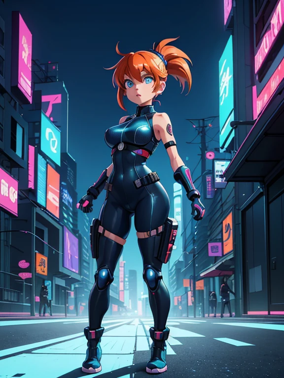 1girl ((32 years old, dressed in a tight blue futuristic bodysuit, utility belt, boots, medium breasts, short orange hair, pony tail styled hair, light skin, natural makeup, athletic body:1.3, detailed blue eyes:1.5, looking fiercely at the viewer:1.3, holding two pistols with both hands:1.2)), attack action, action with impact, full body, perspective composition, exaggerated composition, perfect composition, perfect eyes, large perspective, dynamic composition, dreamy cyberpunk girl, anime cyberpunk art, digital cyberpunk - anime art, cyberpunk anime girl, digital cyberpunk anime art, cyberpunk, cyberpunk anime art, cyberpunk vibe, cyberpunk art style, background is city, neon, night
