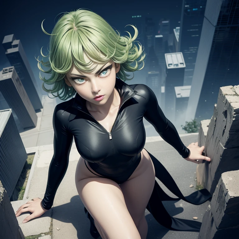 1girl, alone, Tatsumaki One Punch Man floating over a city, Anime girl, short hair, green hair, green eyes, Tatsumaki black outfit, Tatsumaki (One Punch Man) Clothing style, Black clothing, Black dress, long sleeve, pelvic curtain, Detailed clothes, masterpiece, symmetrical, serious face, very small breasts, small breasts, medium thigh medium waist, wide hips, 1 girl, bright green eyes, City Background, Sky Background, View from above, Bokeh, 4K Masterpiece, HDR , Anime art style, One Punch Man art style, sharp colors, vivid colors, green particles, iom