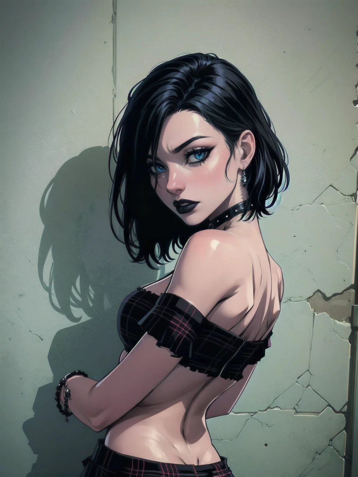 a woman with short black hair, hair on shoulders, wearing a black cropped and plaid skirt, blue eyes, zombie art, gothic art, cute aesthetic with vibe, toon aesthetic, wearing red costume, wearing gothic accessories, look like Cassie Hack, upper body, portrait, with your best friend Vlad, dark background, backwards, looking back