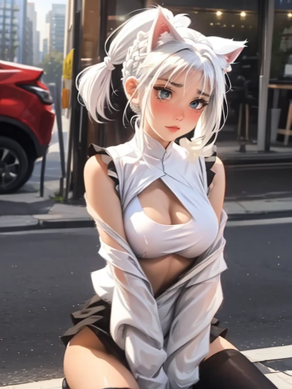 1 girl, alone, white hair, double ponytail, cat ears, Blush, navel, tits, crawl, tight dress, braid, Masterpiece