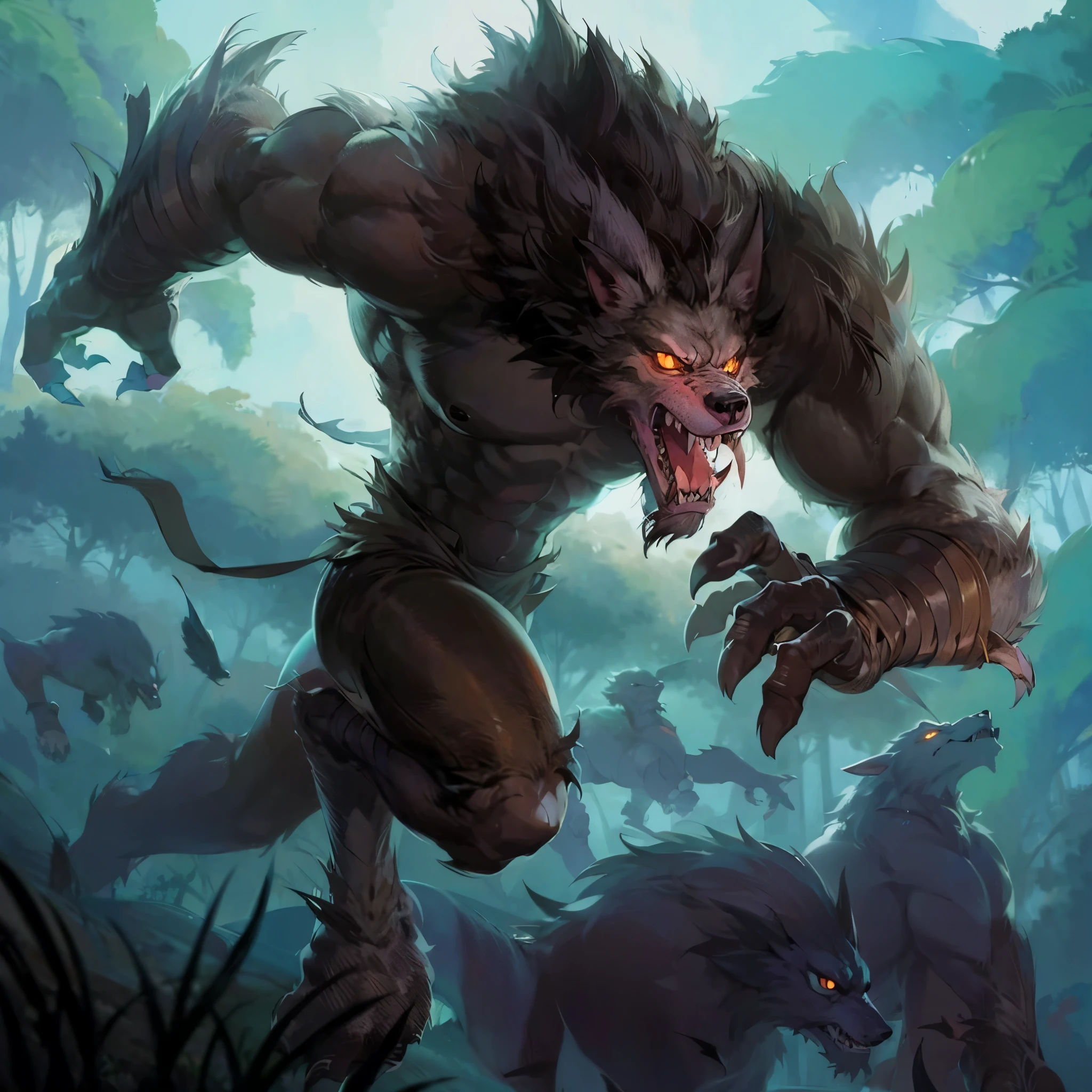 A humanoid monster(European medieval werewolf),well developed muscles,sharp claws,Wearing clothes that are torn into strips,Hunting in the forest at night。Medium shot composition,full body pictures,Characters and scenes,game concept art style,Anime illustration style,watercolor style,Marker style,HD,4K。