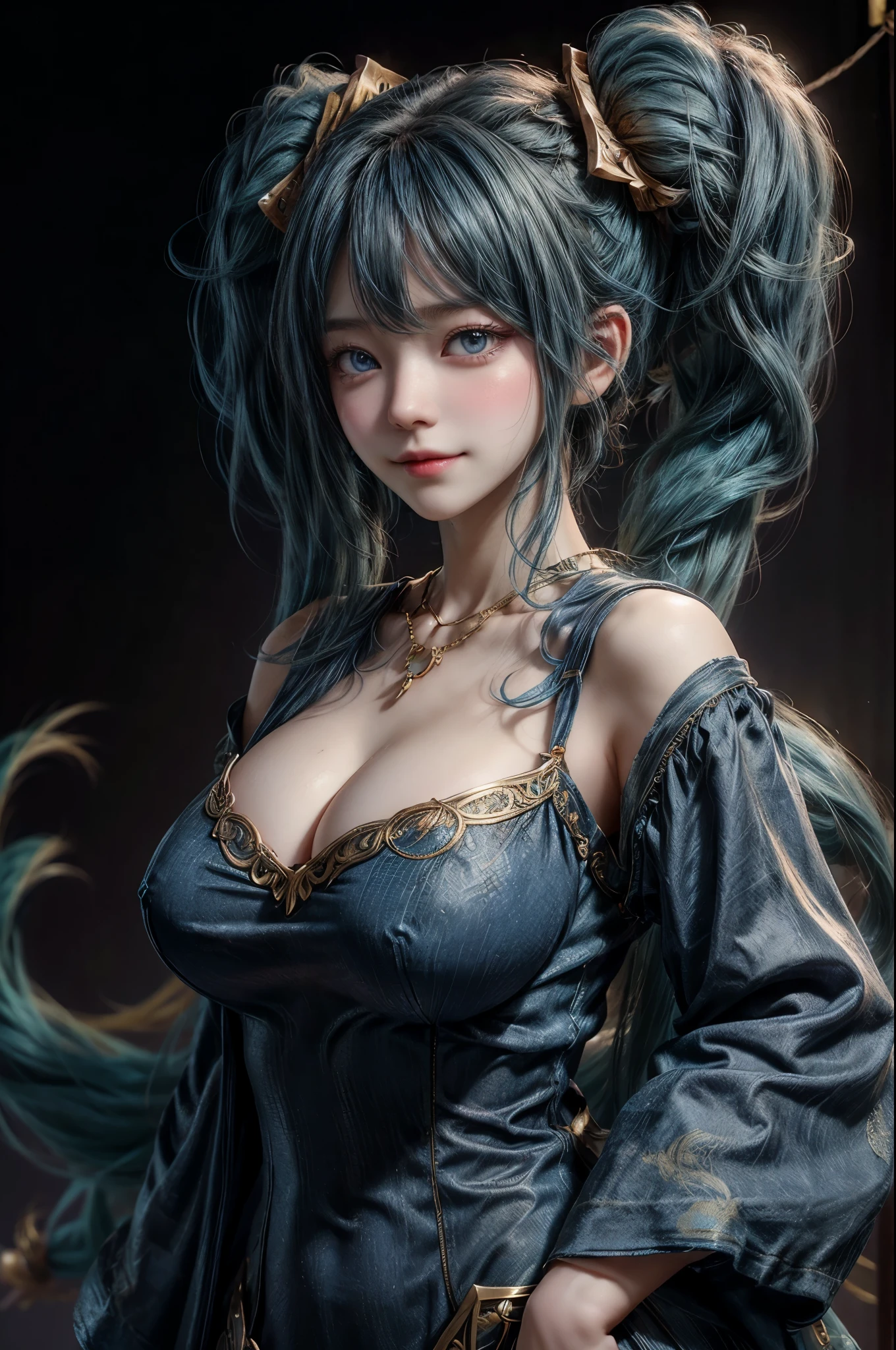 unparalleled masterpiece, ultra realistic 8k CG, perfect artwork, ((perfect female figure)), (((1girl))), (((solo girl))), (ulzzang-6500:1), kpop idol, best quality, (looking at viewer:2),game cg,\nblurry background,outdoors,((( large breast,upper body,smile))) Sona \\(league of legends\\), (((blue hair))), blue eyes, gradient hair, collarbone, twintails, hair ornament, long hair, blue dress, breasts, close-up, portrait,hair ornament,necklace, jewelry,gold trim on clothes,Beautiful face,