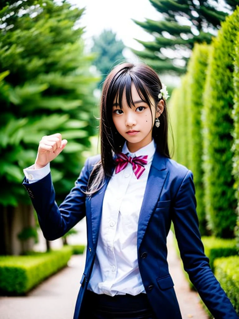 
(masterpiece, highest quality:1.4), award-winning portraits, 8K, 85mm, alone, beautiful face, delicate girl, , (dark navy blazer jacket), dark navy skirt, long sleeve, violaces, gardenia, grace, Sophisticated, cute, teen, looking at the viewer, 15 years old, Raw photo, disorganized, HDR, sharp focus, A bow tie, background bokeh、(((flat 、thin and delicate body、A childish atmosphere)))、Her shiny semi-long hair is tied up、hair swaying in the wind、Mole on the left cheek、large, round, dark blue eyes、full body、random pose、Run、sprinting、Skirt fluttering in the wind、Junior idol、Nogizaka Idol、widening skirt、jump、mole under eye、sexy