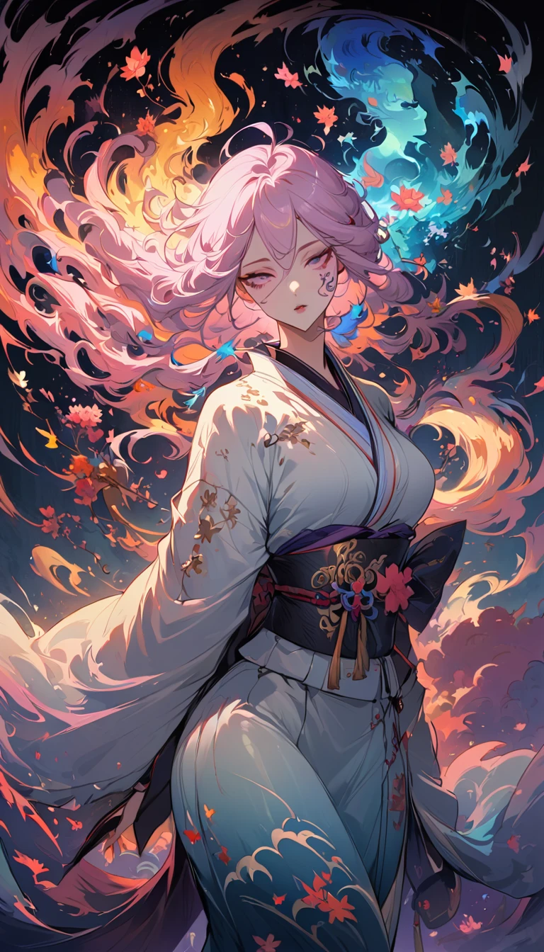 surreal, Very detailed, and a high resolution 16k image of a young man, Beautiful female ghost or guardian angel. She has light pink hair and translucent skin, Wearing a traditional Japanese kimono，face tattoo(Meaningful Chinese character writing:1.1)，There is a small cherry blossom pattern on the belt. The image captures the ethereal beauty and mystery of the world. Style inspired by sophistication, Soft aesthetics in traditional Japanese art.