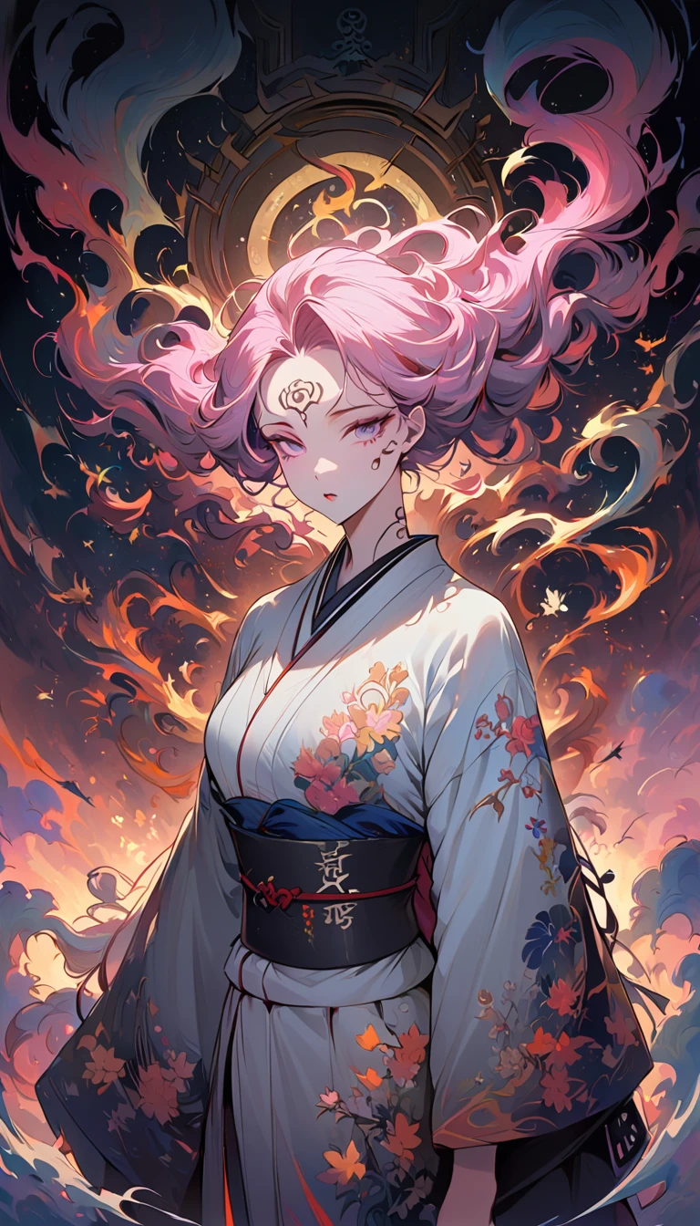 surreal, Very detailed, and a high resolution 16k image of a young man, Beautiful female ghost or guardian angel. She has light pink hair and translucent skin, Wearing a traditional Japanese kimono,face tattoo(Meaningful Chinese character writing:1.1),There is a small cherry blossom pattern on the belt. The image captures the ethereal beauty and mystery of the world. Style inspired by sophistication, Soft aesthetics in traditional Japanese art.