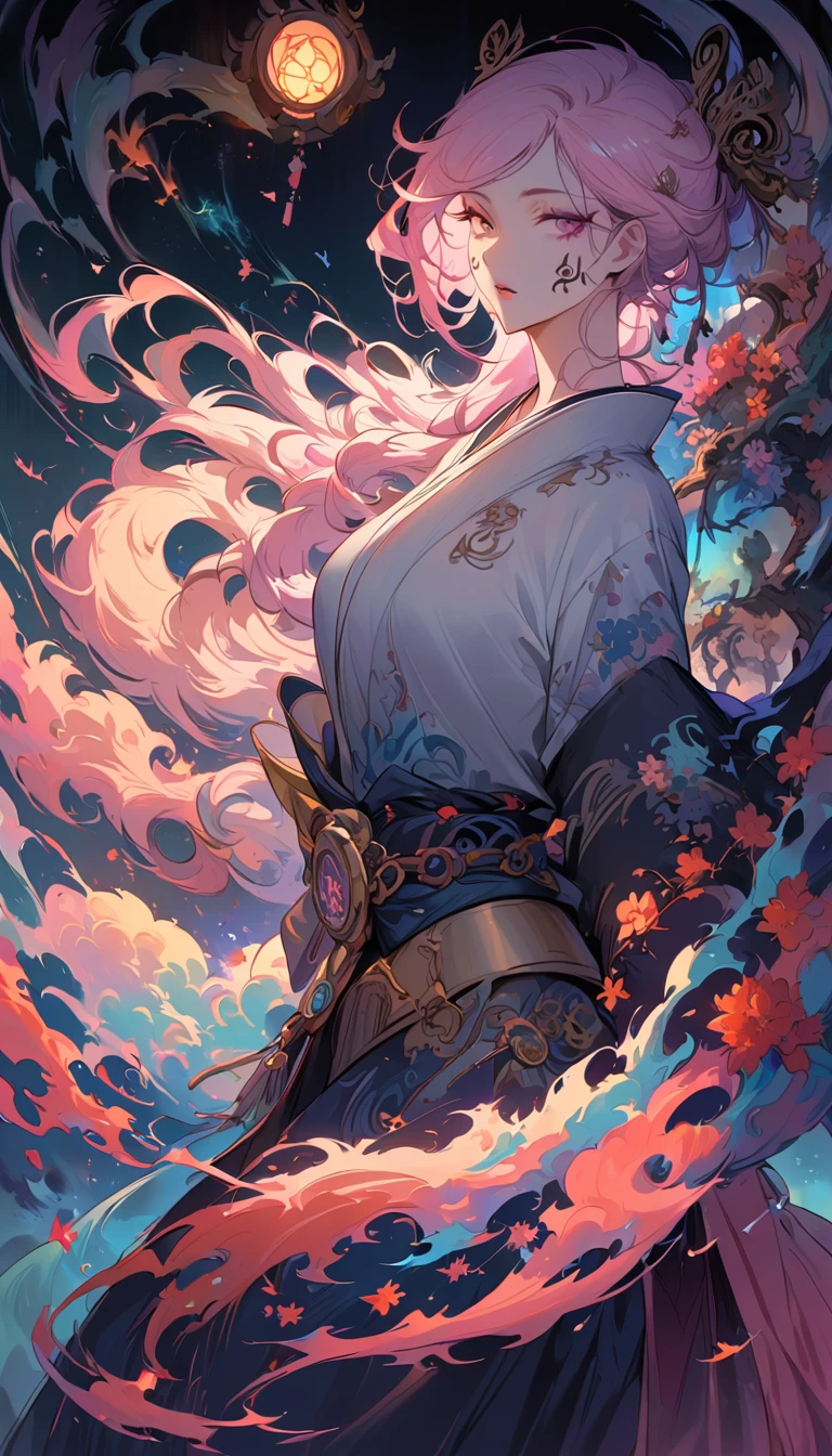 surreal, Very detailed, and a high resolution 16k image of a young man, Beautiful female ghost or guardian angel. She has light pink hair and translucent skin, Wearing a traditional Japanese kimono，face tattoo(Meaningful Chinese character writing:1.1)，There is a small cherry blossom pattern on the belt. The image captures the ethereal beauty and mystery of the world. Style inspired by sophistication, Soft aesthetics in traditional Japanese art.