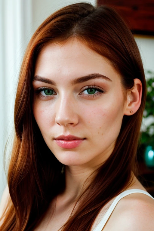 create me a face of a  young  woman, white skin, red hair, with pronounced cheekbones, green eyes, long eyelashes, smooth skin, in a living room. take the picture with high cinematic realism, as if taken with a Sonyalfa 77 DSLR camera, with front lighting, portrait