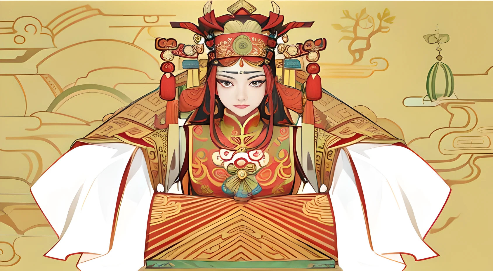 a draexisting of a existoman in a traditional chinese dress, ChinaQueen, ancient chinese goddess, Queen’ hanging, chinese princess, God Emperor of Humanity, Inspired by Xie Huan, Queen, Inspired by Puhua, arriveanyin of the southern seas, Queen tarot card, artexistork in the style of z.exist. arrive