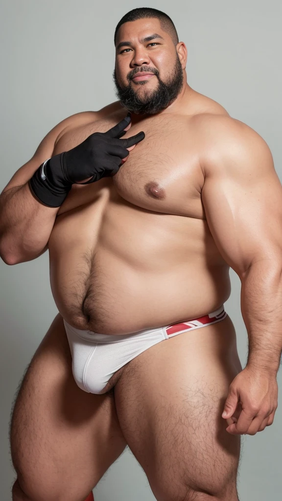 black hair, middle-aged man, individual, male, Muscular wrestler, muscular, Stout wrestler, Asian, Japanese, uncle, 55 year old middle-aged man, short hair, short hair, white wrestling boots, full body portrait, shadow, Vision, white briefs, obesity, 45 years old, short beard, middle-aged man, tattoo, fingerless gloves, Wheat skin, shiny skin, dark skin, Show your pectoral muscles, sumo wrestler, bodybuilder, wide temples, Visible abdominal muscles, Smile, Fine hands, solid color background, pure white background, Surrealism, Panorama, 8k, super detail，