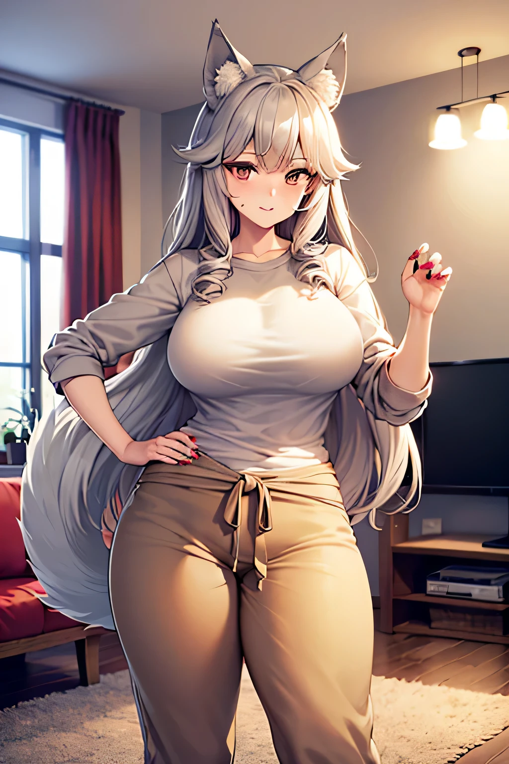 ((high quality)), ((anime)), ((perfect anatomy)), ((long curly hair)), ((beige hair)), ((Gray hair tips)), ((beigewolf ears)), ((perfect hands)), ((sharp nails)), ((tall)), ((big breasts )), ((big waist)), ((brown sweatpants)), ((black oversized shirt)), ((Beige wolf tail)), ((hand on waist)), ((in the living room)), ((At night)), ((body a little defined)), ((thick legs))