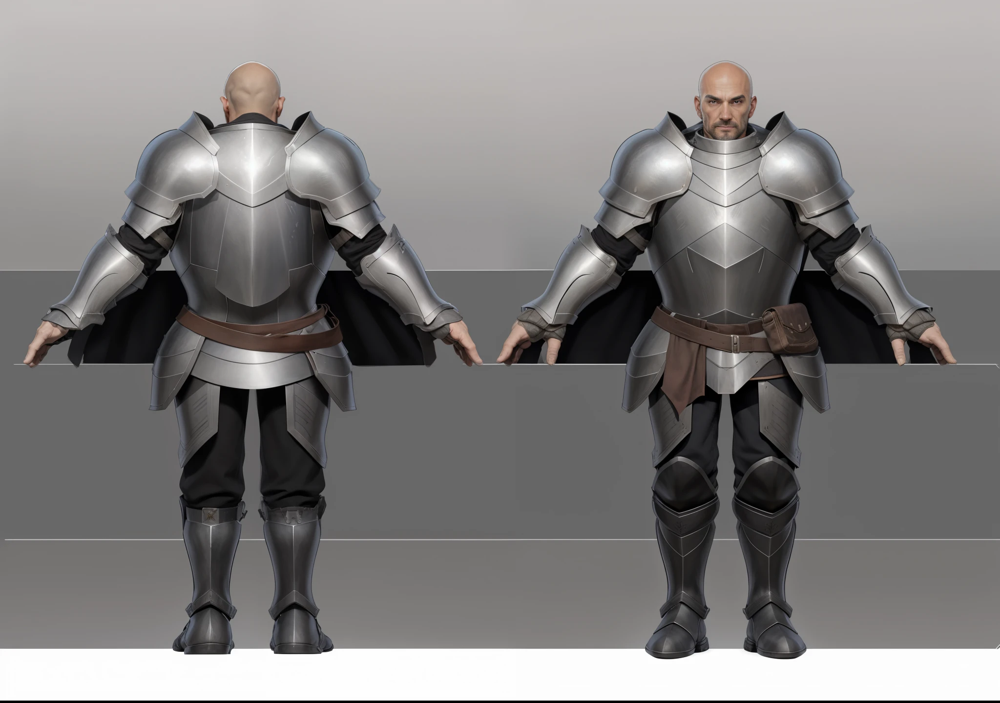 ( Realistic:1.33),(masterpiece:1.1),(highest quality:1.1),(HDR:1) a close up of a paladin with moonlit black armor , full body concept, detailed full body concept, medieval paladin style character, full body character concept, new costume concept design, full body details, detailed full body concept art, full character body, character model sheet turnaround, fullbody shot turnaround, concept character sheet, full body concept art, reference model sheet , full body concept art, RPG style character, game character design, concept character, full body character concept art, 3d character reference sheet, male, video game character concept, detailed character design, character sheet, character model sheet turnaround , front and back, front and back, warrior armor, red scarves , medieval sleeve, (steel boot armor), moonlit shoulder black armor, grey clean background, 3D character, ((detailed knee armor)), heavy armor, leather belt with leather bag