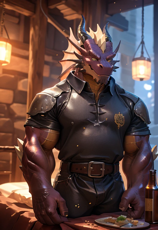 masterpiece,official art,dragon,delicate face, hull, armor, upper part of body, depth of field, perfect lighting, light particles,(La best quality), (Super detailed),sharp focus, best quality, in dungeon, In an old bed, Detailed background,muscular body, Strong body, Stewed brisket, Belt wear, Black latex clothing,enjoy，obsessed， Face turned red，Submit to，petting，drunk，Smile，enjoy，looking at camera，Detailed background，realistically，realistic hand，8k high dynamic range，（shadow，wide dynamic range，high dynamic range，emphasize：1.2）